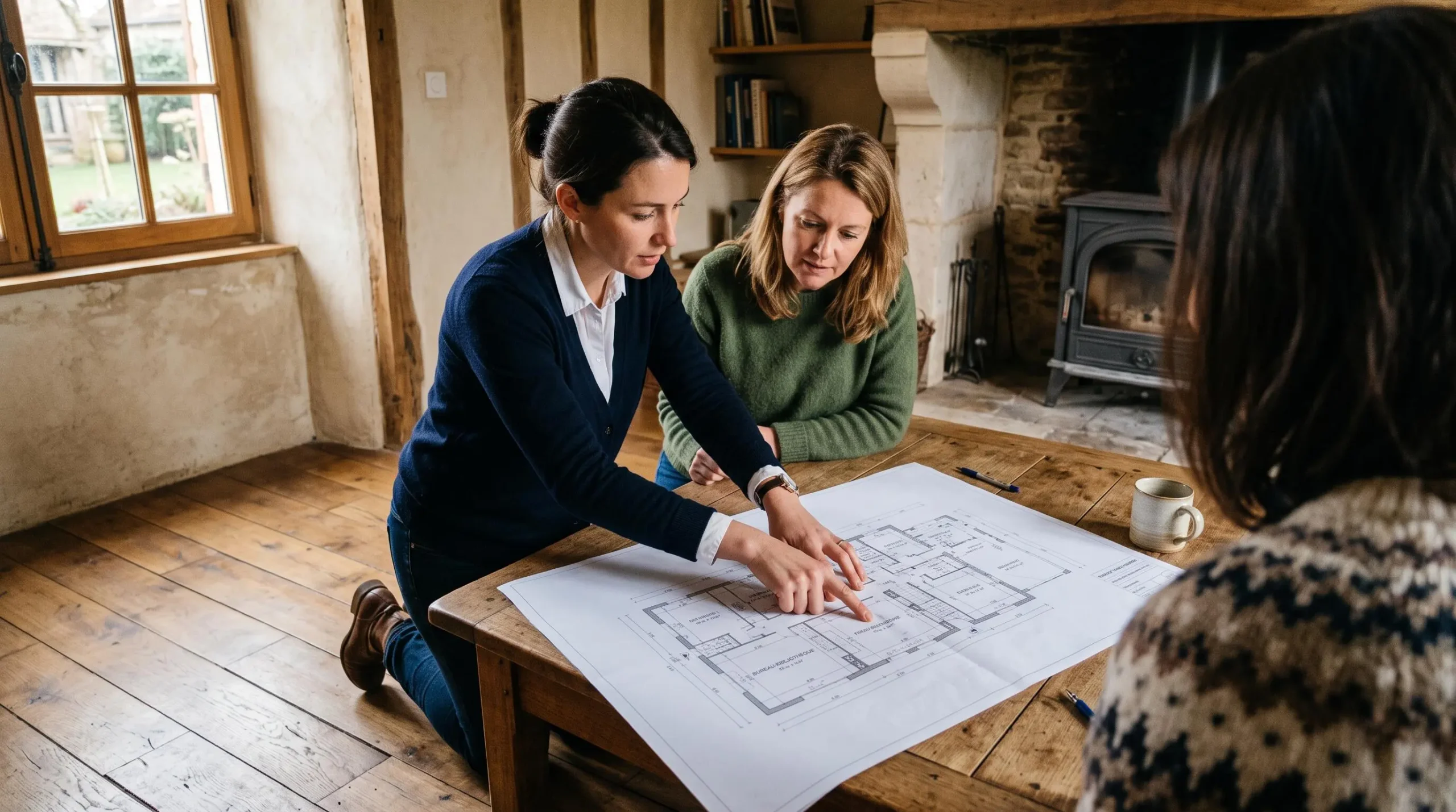 Un architecte explique un plan à un propriétaire dans une maison en rénovation.