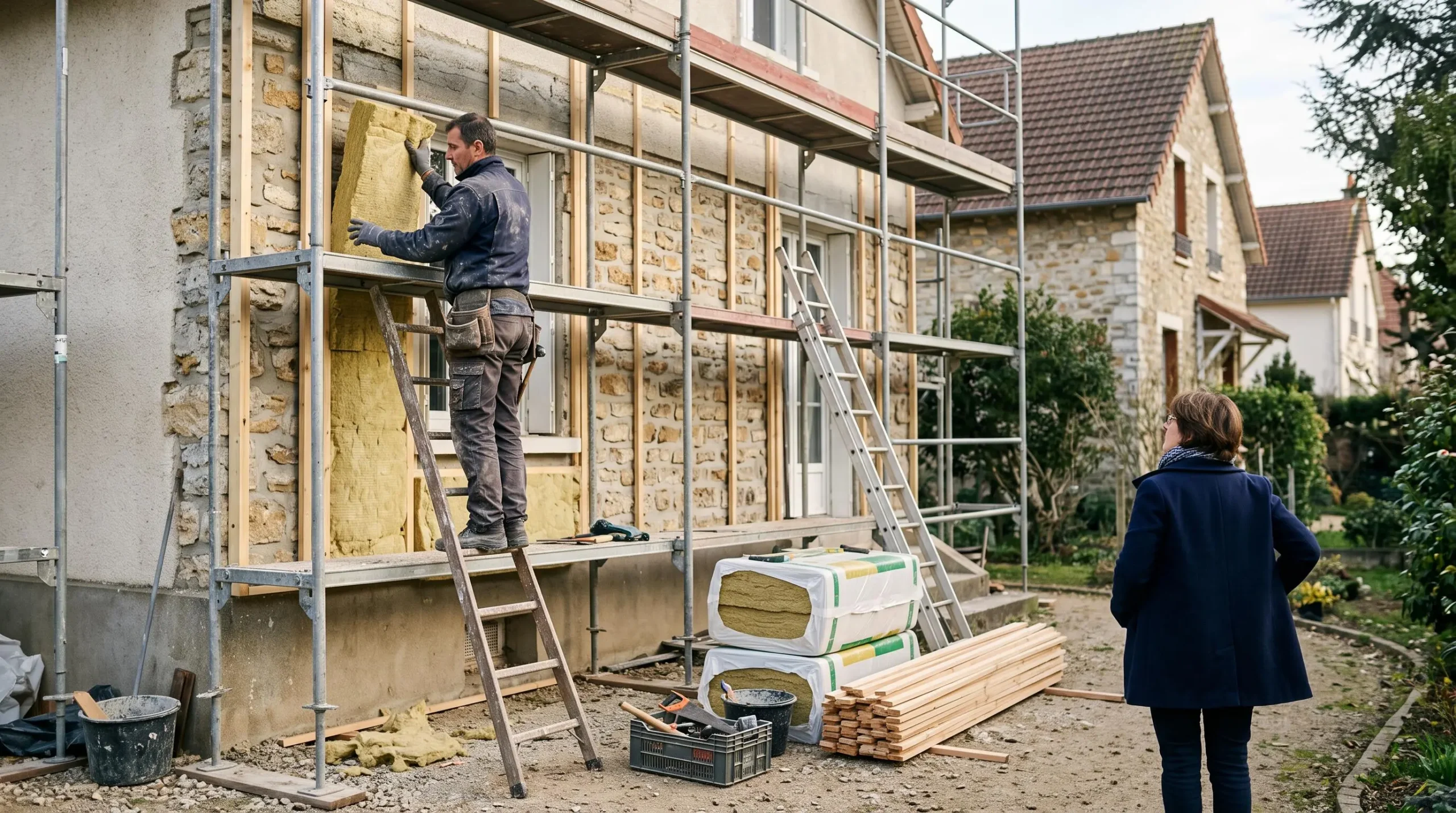 Un artisan pose un isolant sur la façade d'une maison en rénovation, observé par le propriétaire.