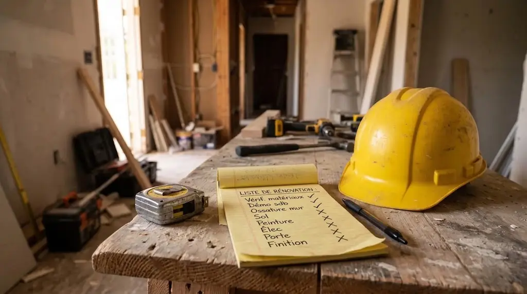 Une liste de vérification manuscrite posée sur un établi avec un casque et un mètre.