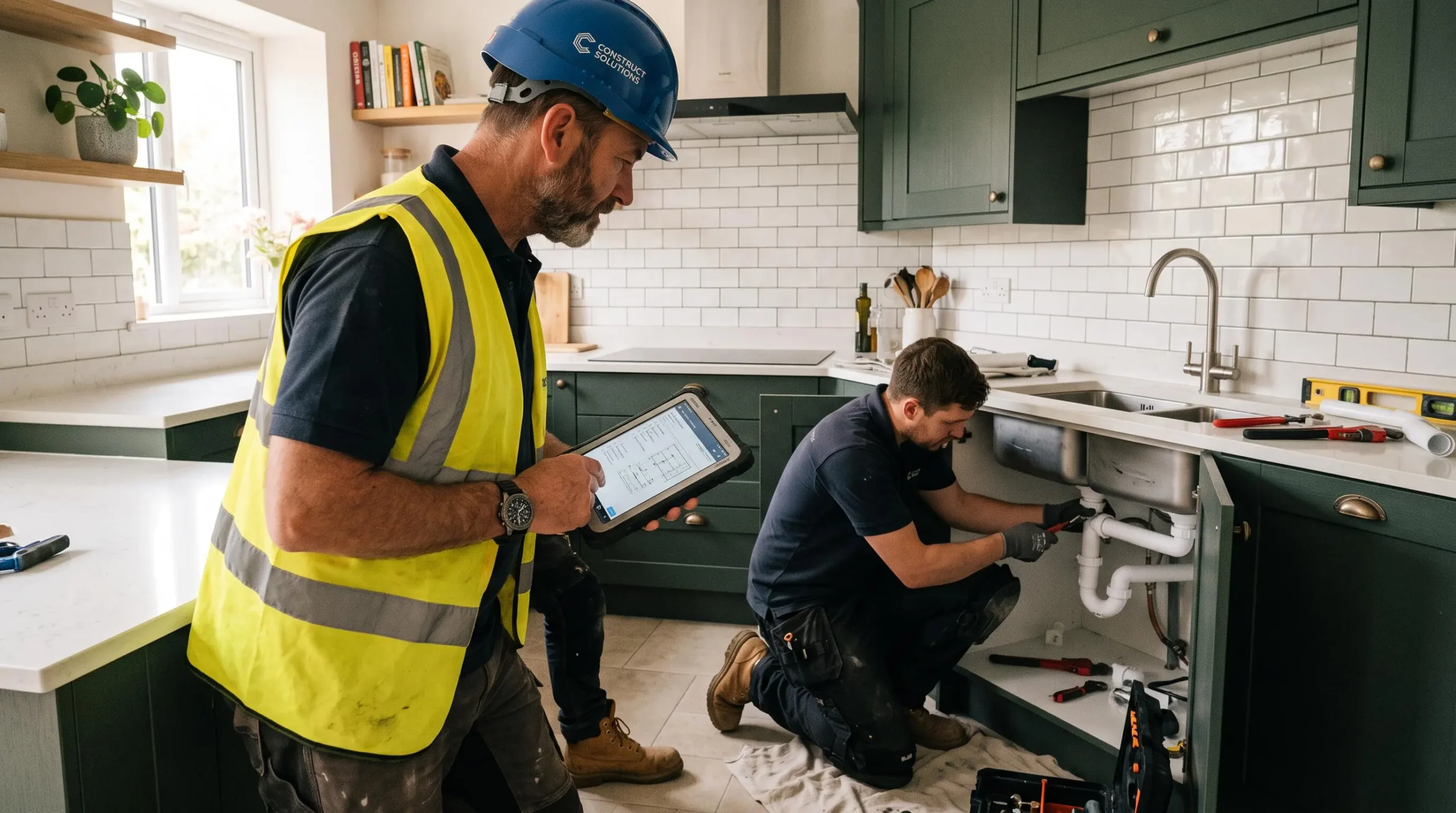 Un conducteur de travaux supervise un plombier dans une cuisine rénovée.