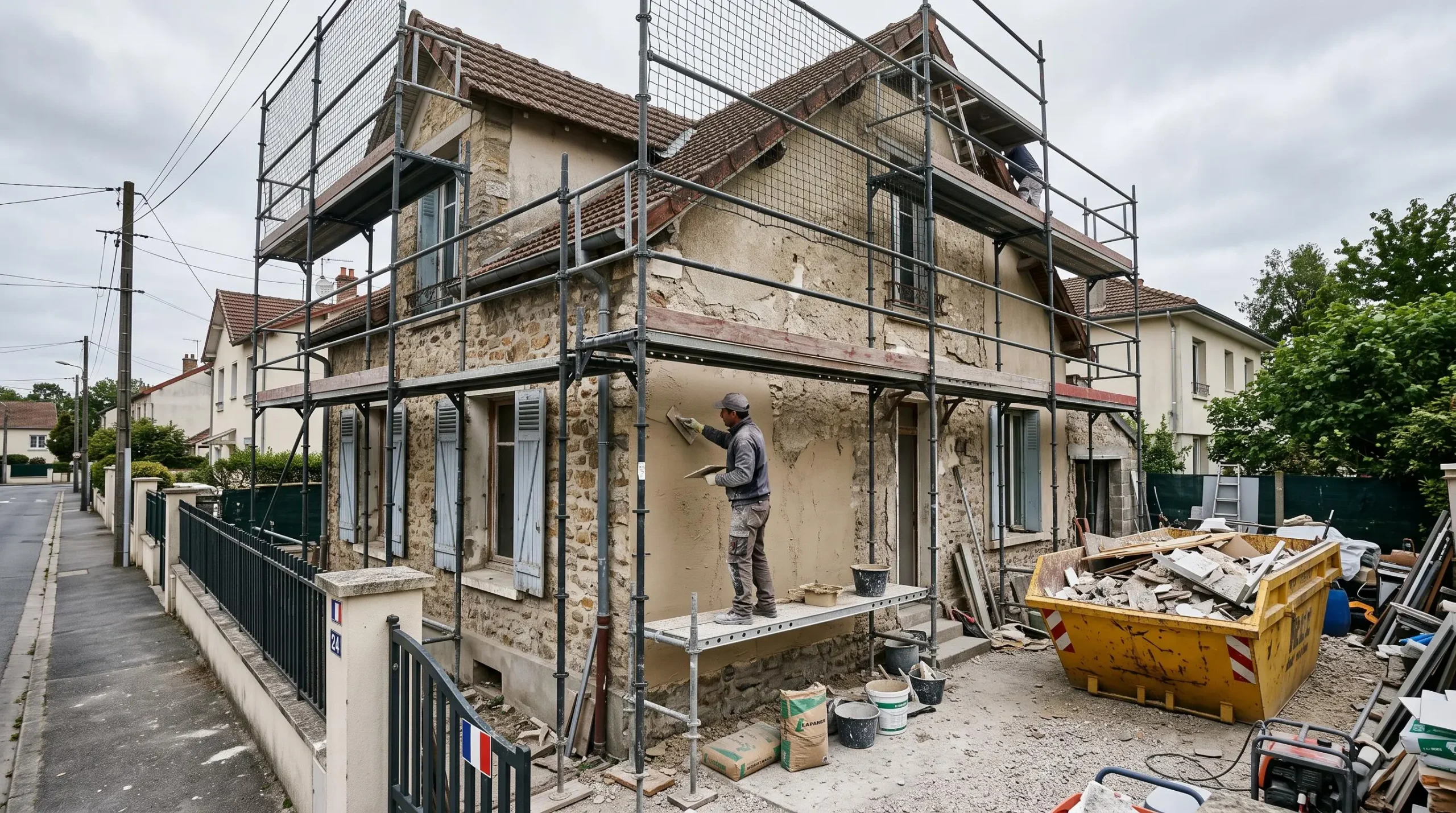 Une maison française en rénovation avec échafaudage et un maçon qui enduit la façade.