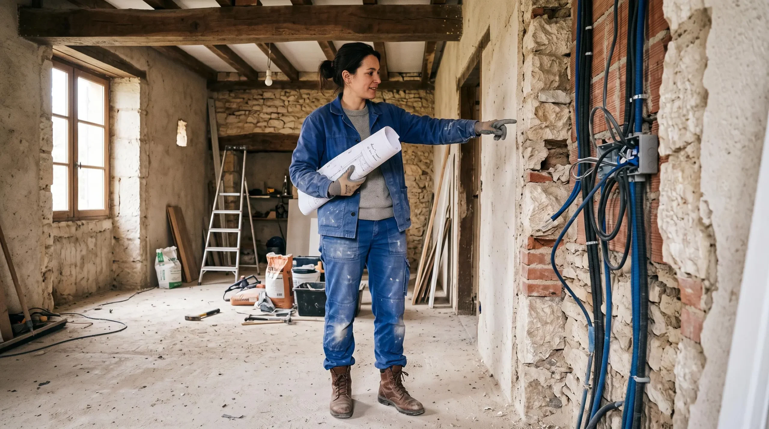 Un professionnel pointe un mur ouvert lors d'une rénovation de maison en France.