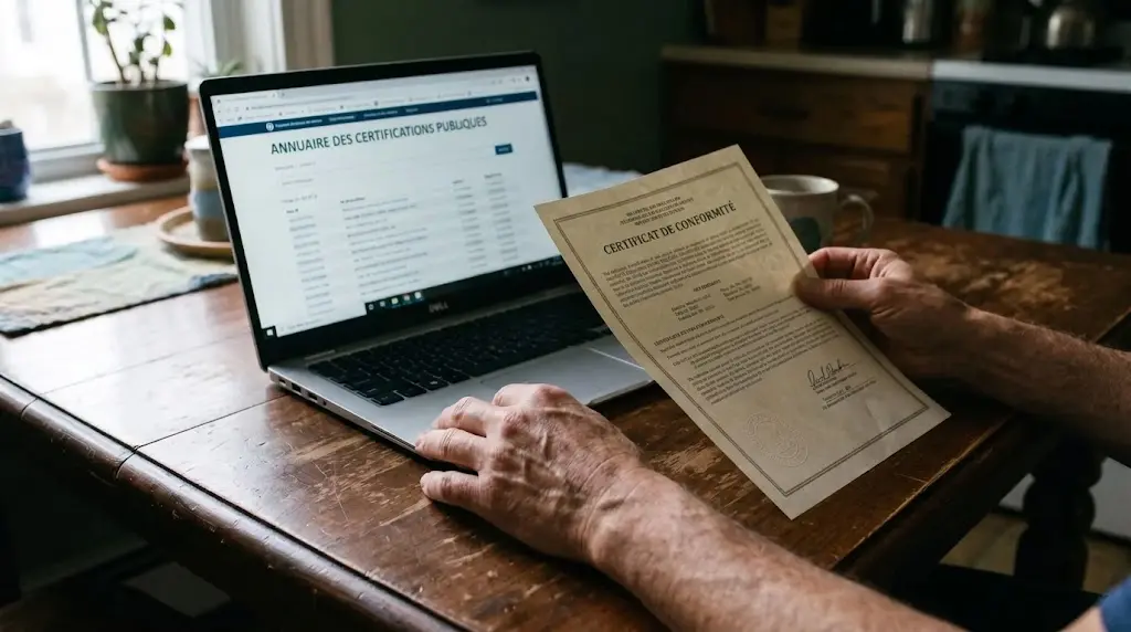 Des mains comparent une attestation papier avec un annuaire de certification ouvert sur ordinateur.